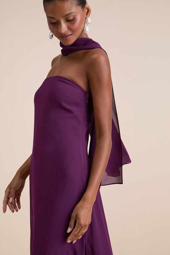 Rawya Plum Purple Strapless Maxi Dress and Scarf Set