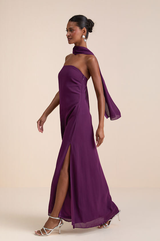 Rawya Plum Purple Strapless Maxi Dress and Scarf Set