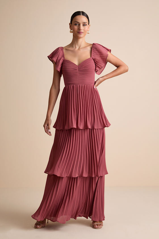 Notorious Charm Rusty Rose Pleated Flutter Sleeve Maxi Dress