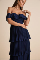 Always Remarkable Navy Pleated Off-the-Shoulder Maxi Dress