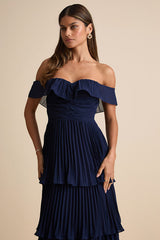 Always Remarkable Navy Pleated Off-the-Shoulder Maxi Dress