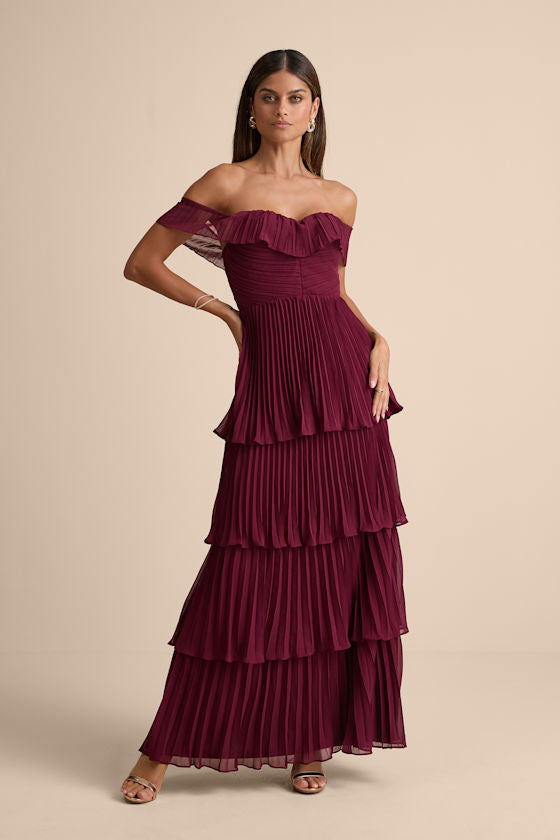 Always Remarkable Burgundy Pleated Off-the-Shoulder Maxi Dress