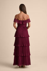 Always Remarkable Burgundy Pleated Off-the-Shoulder Maxi Dress