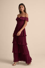 Always Remarkable Burgundy Pleated Off-the-Shoulder Maxi Dress