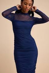 Impressive Flirt Navy Mesh Ruched Mock Neck Midi Dress
