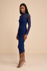 Impressive Flirt Navy Mesh Ruched Mock Neck Midi Dress