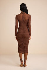 Impressive Flirt Brown Mesh Ruched Mock Neck Midi Dress