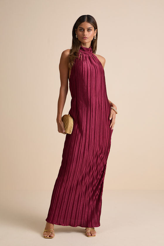 Gwenny Burgundy Satin Plisse Maxi Dress