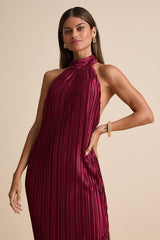 Gwenny Burgundy Satin Plisse Maxi Dress