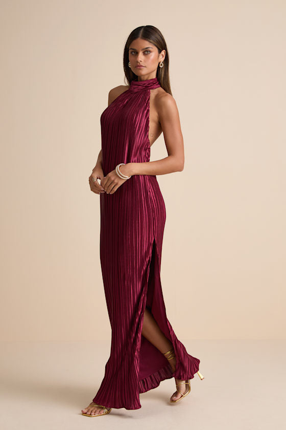Gwenny Burgundy Satin Plisse Maxi Dress