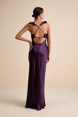 Exuberant Luxury Plum Purple Satin Ruffled Lace-Up Maxi Dress