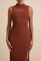 Irresistibly Modern Rust Brown Mesh Mock Neck Maxi Dress