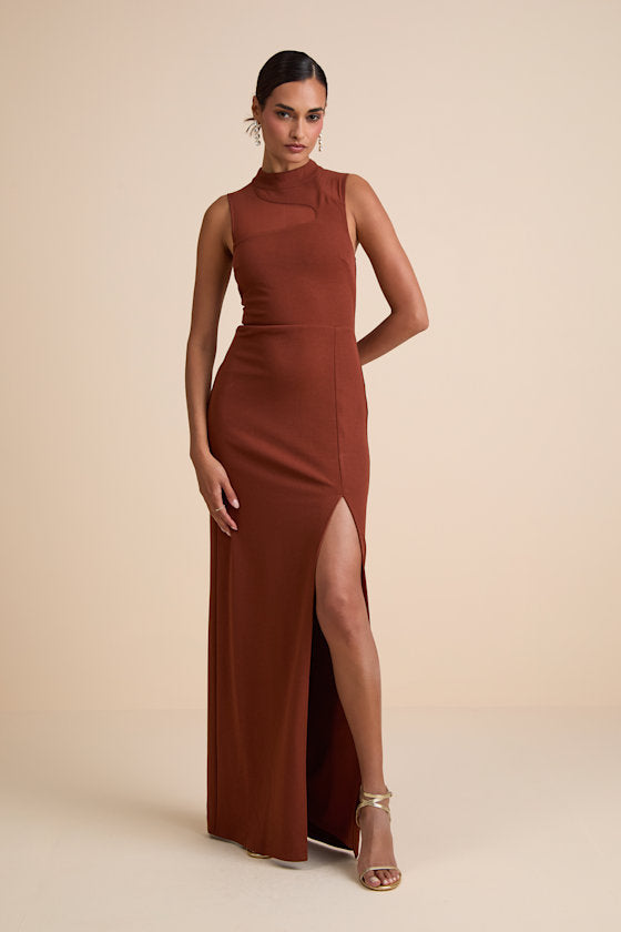 Irresistibly Modern Rust Brown Mesh Mock Neck Maxi Dress