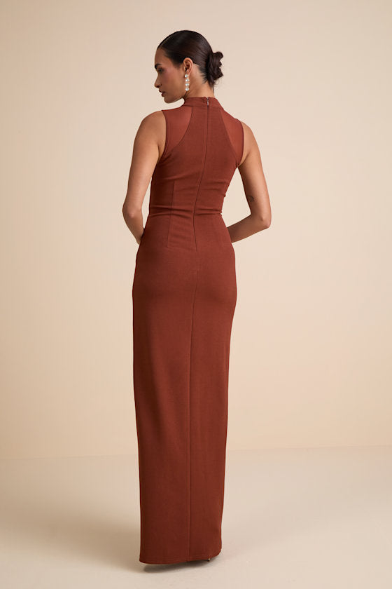 Irresistibly Modern Rust Brown Mesh Mock Neck Maxi Dress