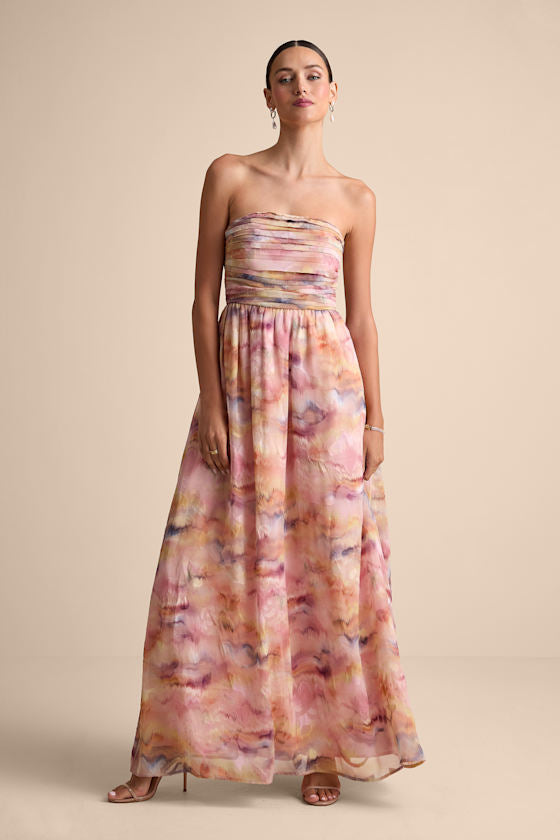 Mykala Light Pink Abstract Pleated Strapless Maxi Dress