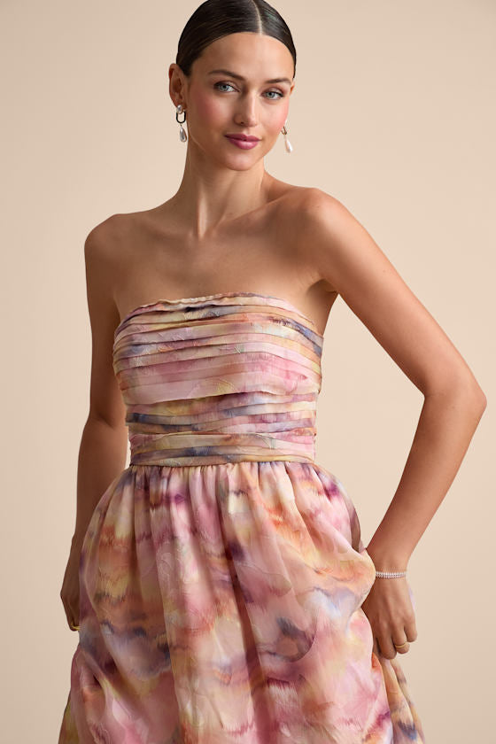 Mykala Light Pink Abstract Pleated Strapless Maxi Dress