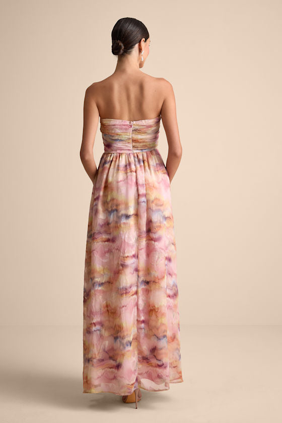 Mykala Light Pink Abstract Pleated Strapless Maxi Dress