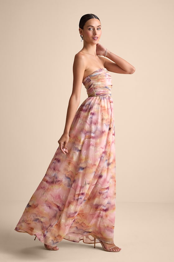 Mykala Light Pink Abstract Pleated Strapless Maxi Dress
