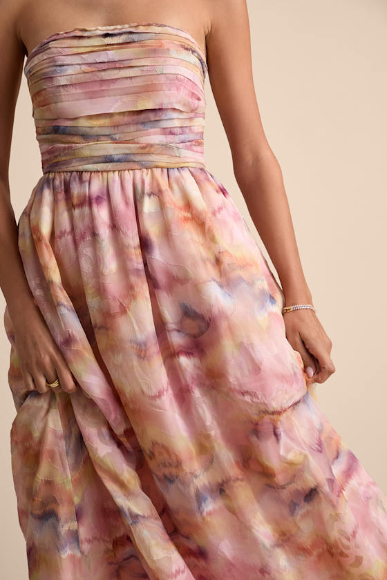 Mykala Light Pink Abstract Pleated Strapless Maxi Dress