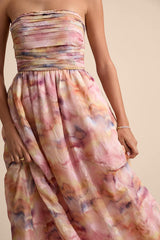 Mykala Light Pink Abstract Pleated Strapless Maxi Dress