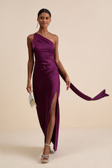 Signature Elegance Plum Purple Satin One-Shoulder Maxi Dress