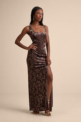 Miraya Dark Brown Burnout Velvet Maxi Dress