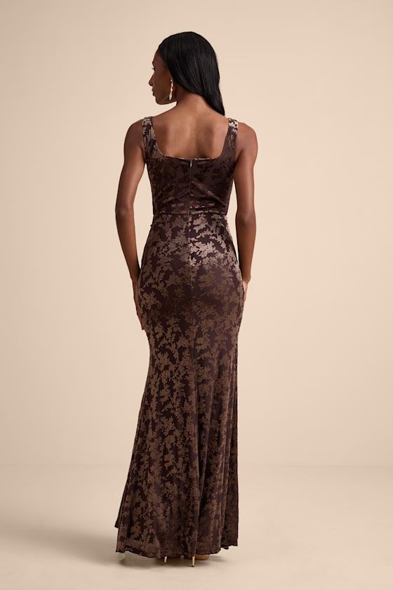Miraya Dark Brown Burnout Velvet Maxi Dress
