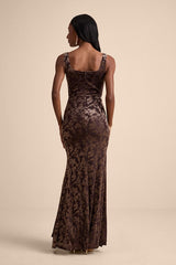 Miraya Dark Brown Burnout Velvet Maxi Dress
