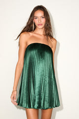Bellina Emerald Green Satin Pleated Strapless Mini Dress