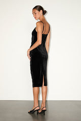 Plush Personality Black Velvet Ruched Bodycon Midi Dress