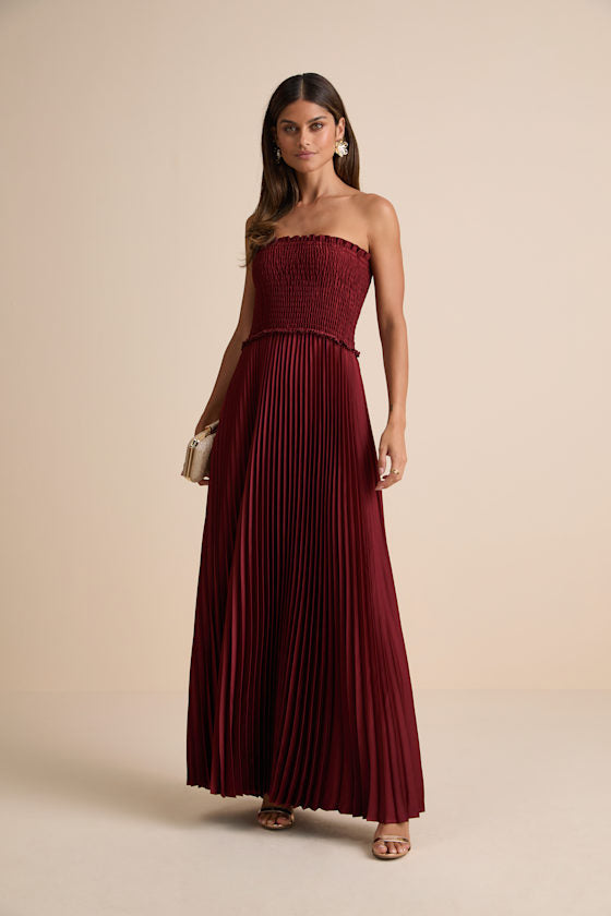 Damira Rust Satin Pleated Strapless Maxi Dress