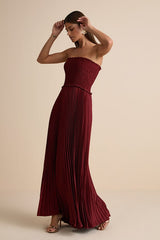 Damira Rust Satin Pleated Strapless Maxi Dress