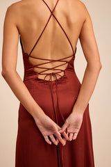 Nisrine Rust Red Satin Lace-Up Halter Maxi Dress