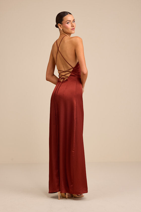 Nisrine Rust Red Satin Lace-Up Halter Maxi Dress