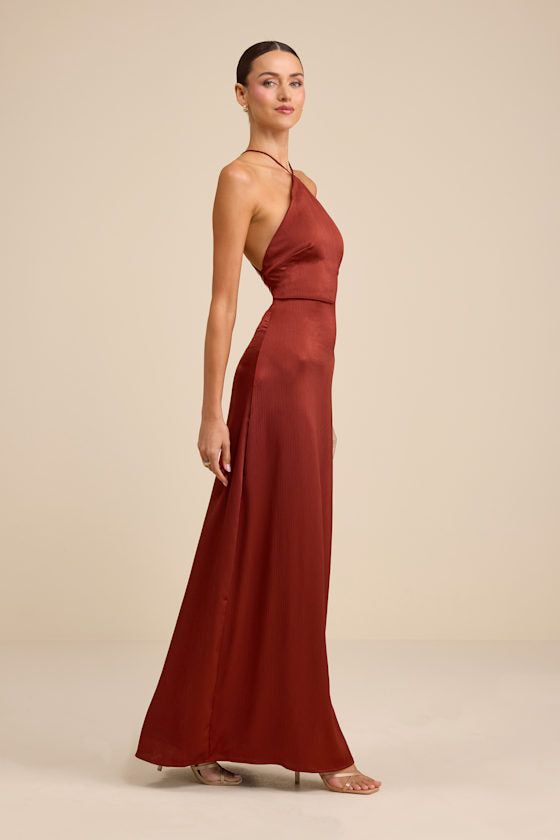 Nisrine Rust Red Satin Lace-Up Halter Maxi Dress