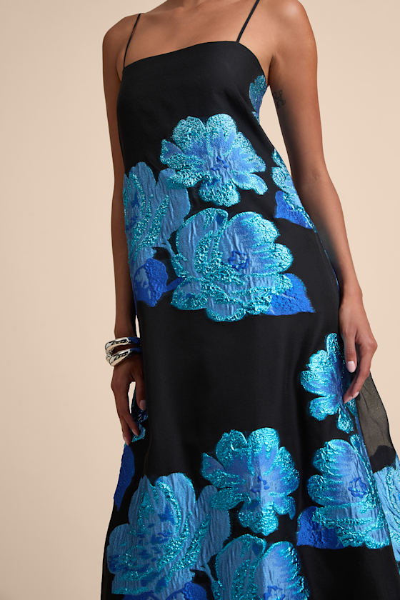 Yavanna Black and Blue Floral Jacquard Shift Maxi Dress