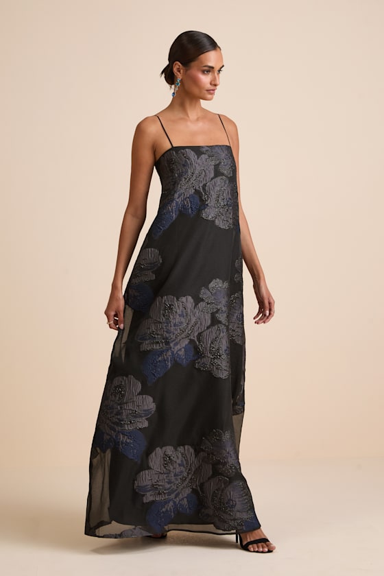 Yavanna Black Floral Jacquard Shift Maxi Dress