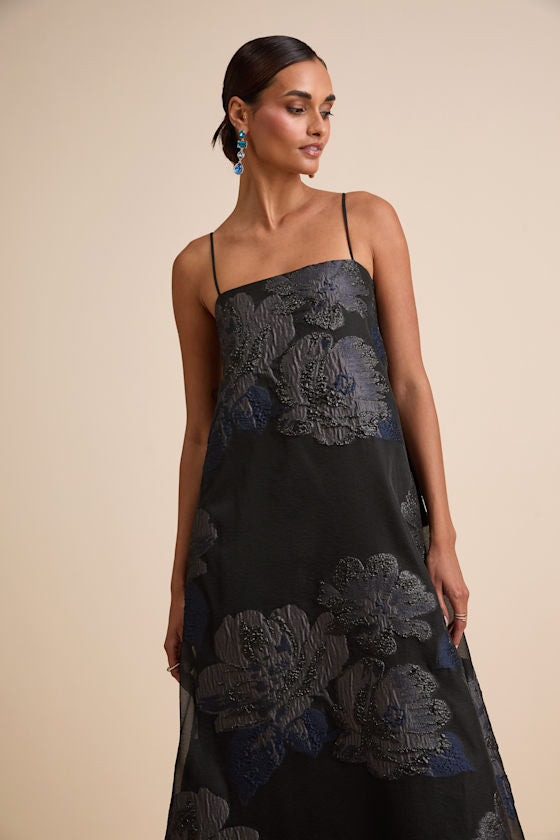 Yavanna Black Floral Jacquard Shift Maxi Dress