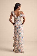 Venecia Blush Floral Ruffled Asymmetrical Maxi Dress