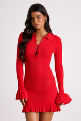 Coralee Red Textured Collared Ruffled Sweater Mini Dress