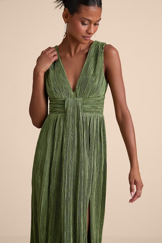 Melitta Olive Green Plisse Sash Maxi Dress