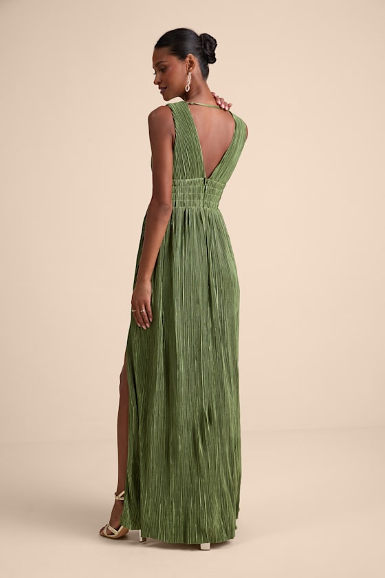 Melitta Olive Green Plisse Sash Maxi Dress