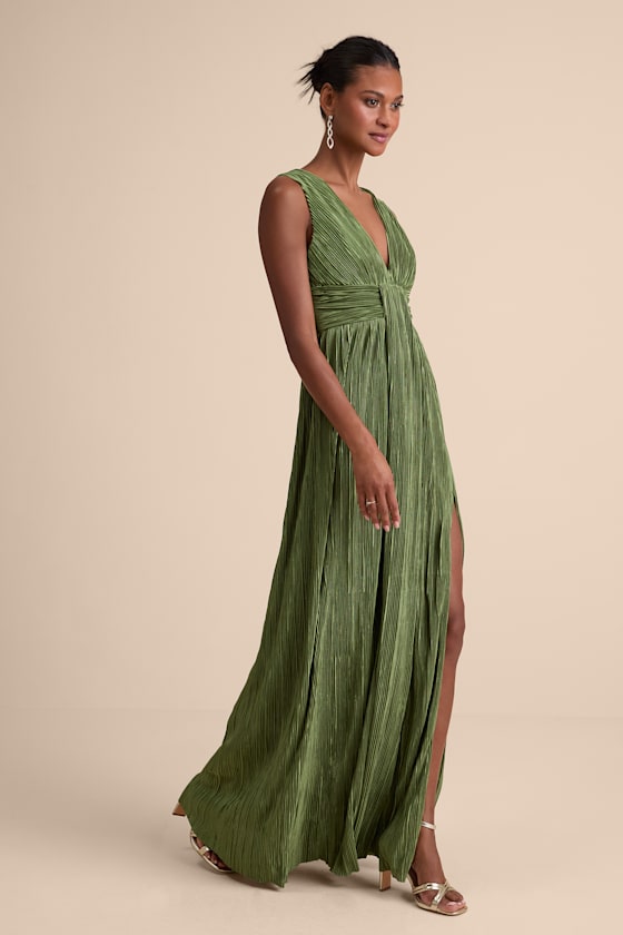 Melitta Olive Green Plisse Sash Maxi Dress