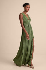Melitta Olive Green Plisse Sash Maxi Dress