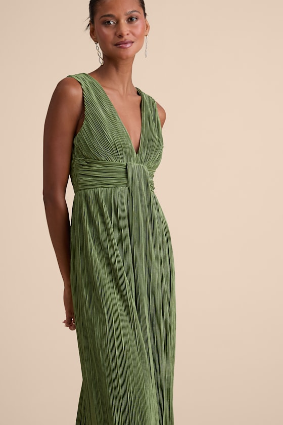 Melitta Olive Green Plisse Sash Maxi Dress