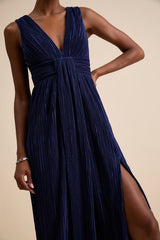 Melitta Navy Blue Plisse Sash Maxi Dress