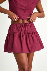 Melicia Burgundy Drawstring Tiered Mini Skirt