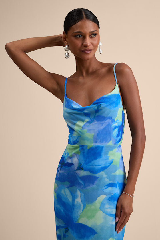 Sunniva Blue Multi Print Mesh Cowl Maxi Dress
