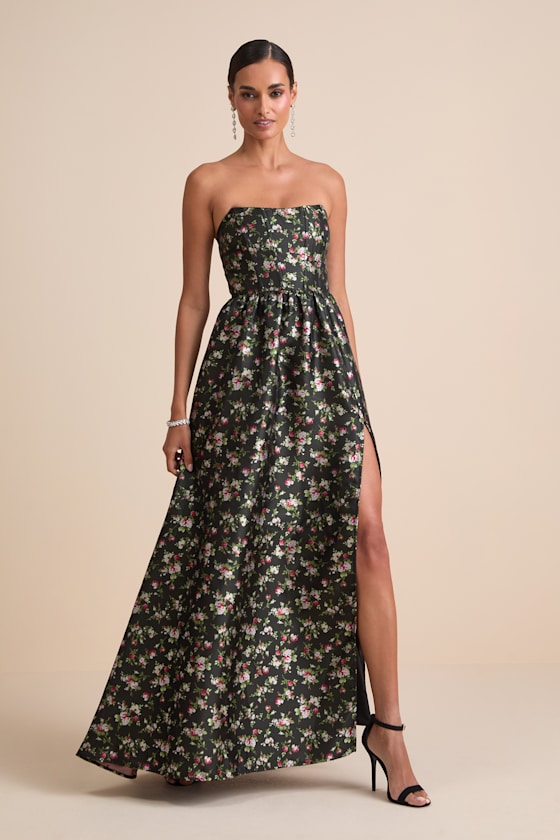 Rainie Black Floral Jacquard Strapless Lace-Up Maxi Dress