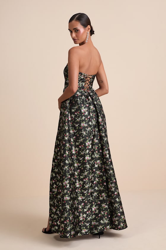Rainie Black Floral Jacquard Strapless Lace-Up Maxi Dress